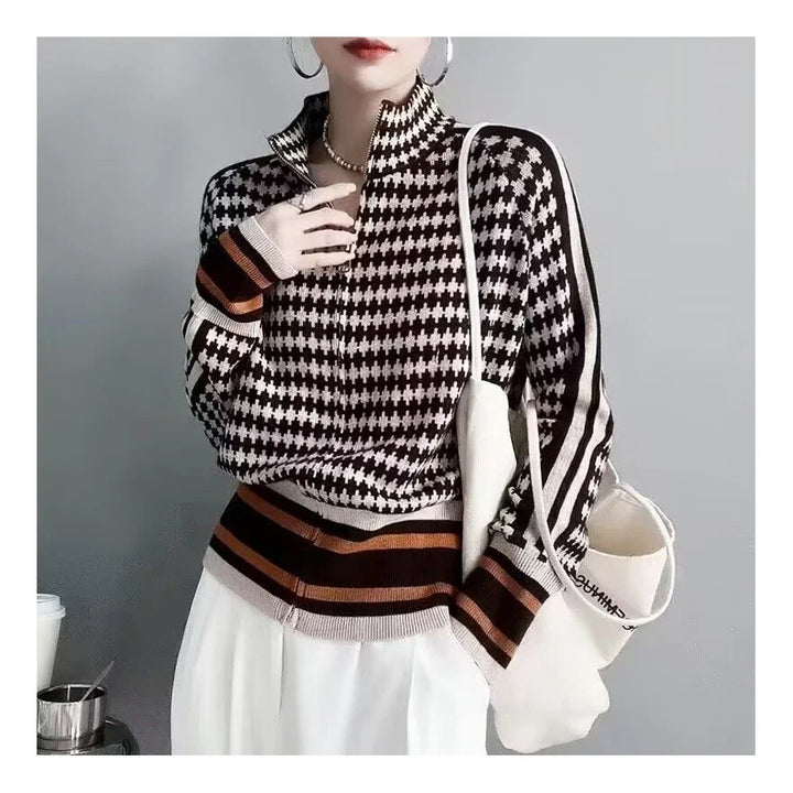 Lily™ | Houndstooth Sweater with Striped Hem