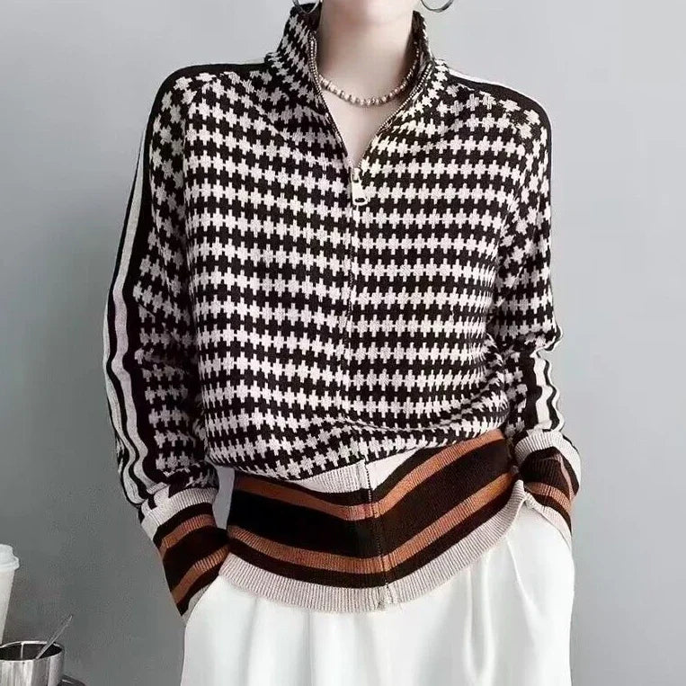 Lily™ | Houndstooth Sweater with Striped Hem