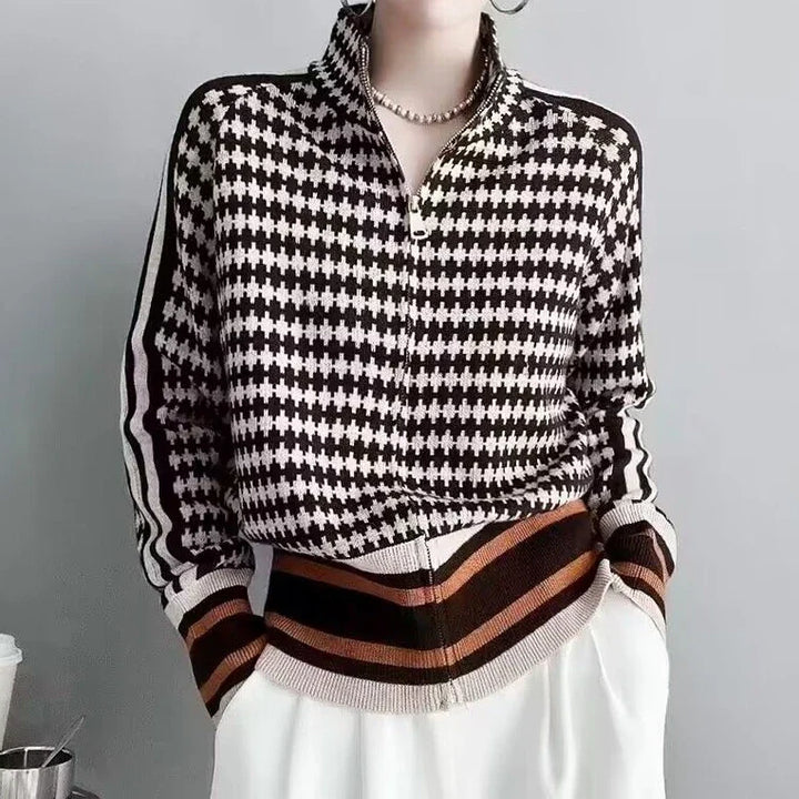 Lily™ | Houndstooth Sweater with Striped Hem