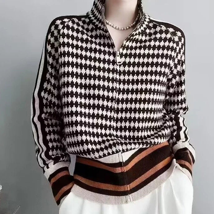 Lily™ | Houndstooth Sweater with Striped Hem