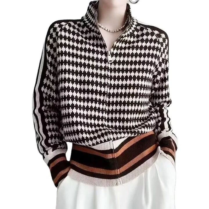 Lily™ | Houndstooth Sweater with Striped Hem