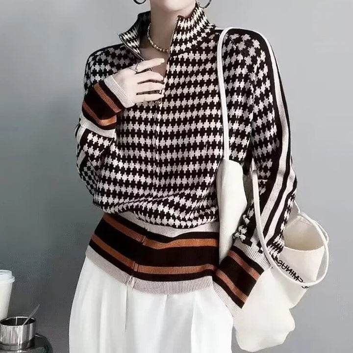 Lily™ | Houndstooth Sweater with Striped Hem