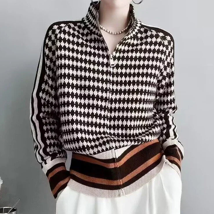 Lily™ | Houndstooth Sweater with Striped Hem