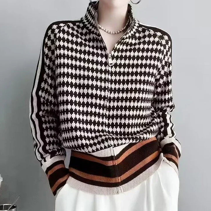Lily™ | Houndstooth Sweater with Striped Hem