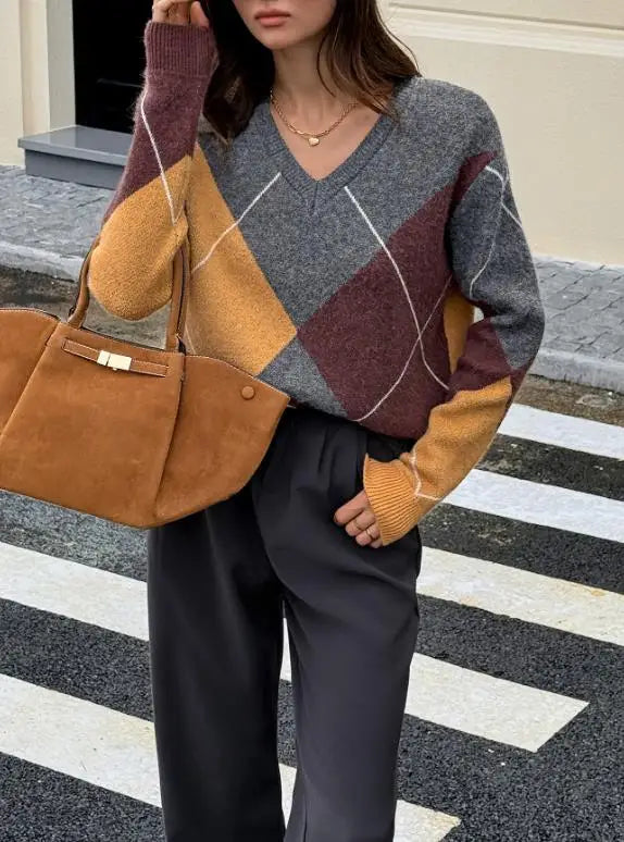 Lena™ | Diamond-Patterned V-Neck Sweater